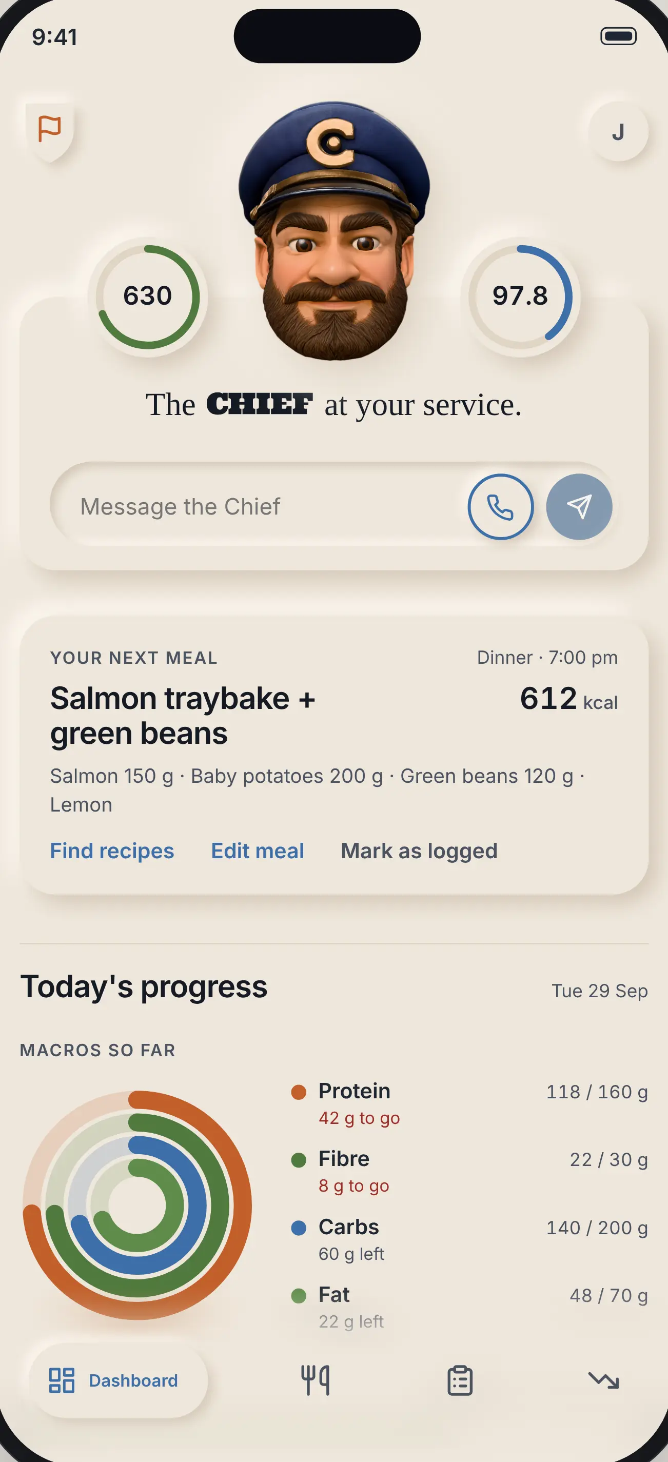 The Dashboard: the Chief's head between two rings, 630 kcal left today and a weight of 97.8 kg, a message box, Your next meal (Salmon traybake + green beans, 612 kcal) and today's macros so far