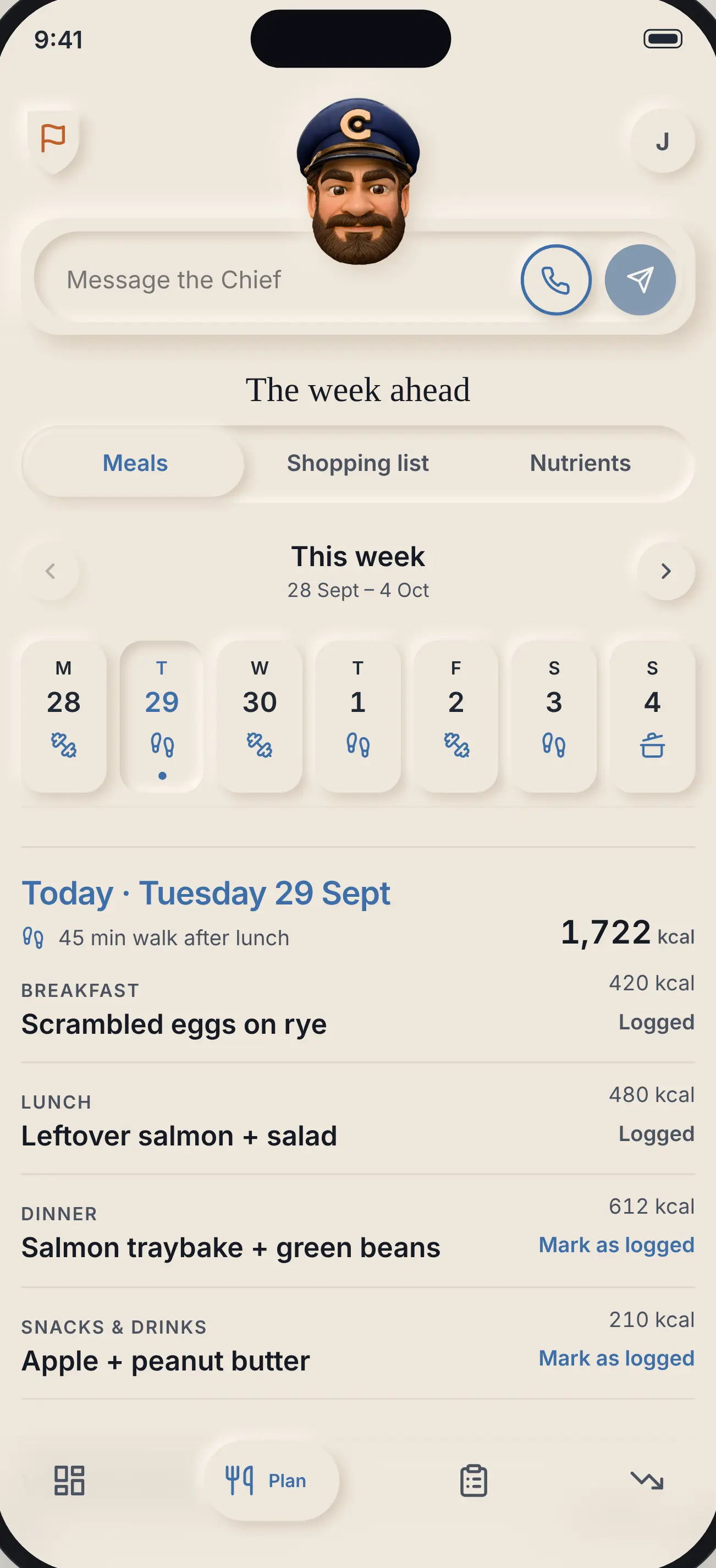 The week ahead: Meals, Shopping list and Nutrients tabs, a Monday to Sunday strip, and today's breakfast, lunch, dinner and snacks with their calories
