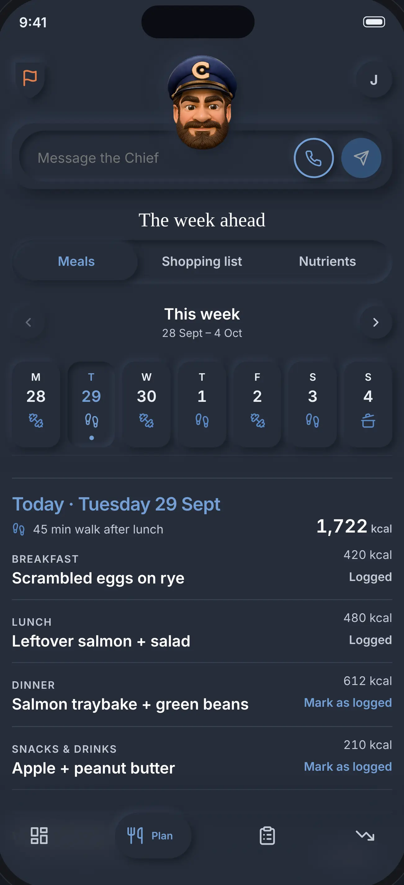 The week ahead: Meals, Shopping list and Nutrients tabs, a Monday to Sunday strip, and today's breakfast, lunch, dinner and snacks with their calories