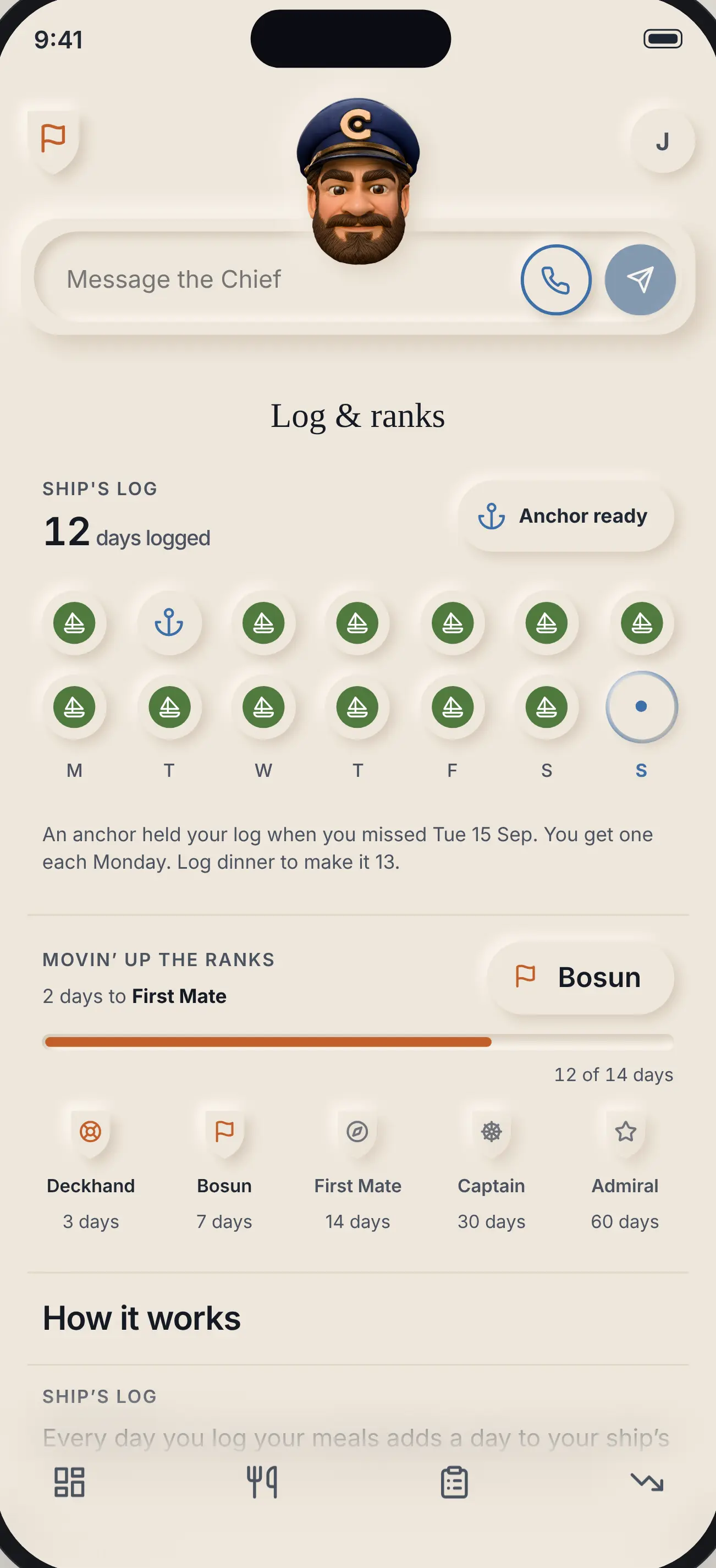 Log & ranks: the ship's log at 12 days logged with an anchor ready, fourteen portholes, the rank bar two days from First Mate, and the five crests