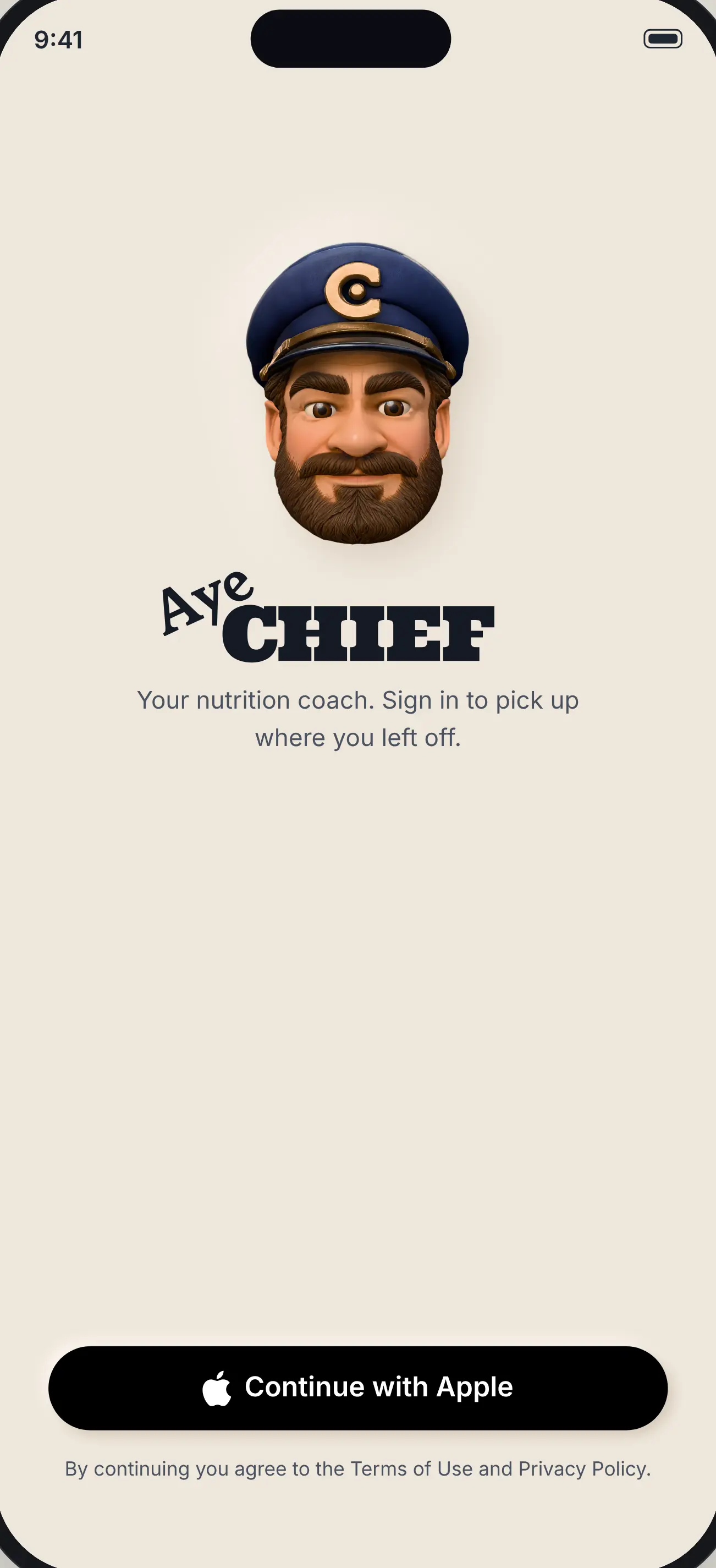 Sign in: the Aye Chief wordmark, 'Your nutrition coach', and Continue with Apple