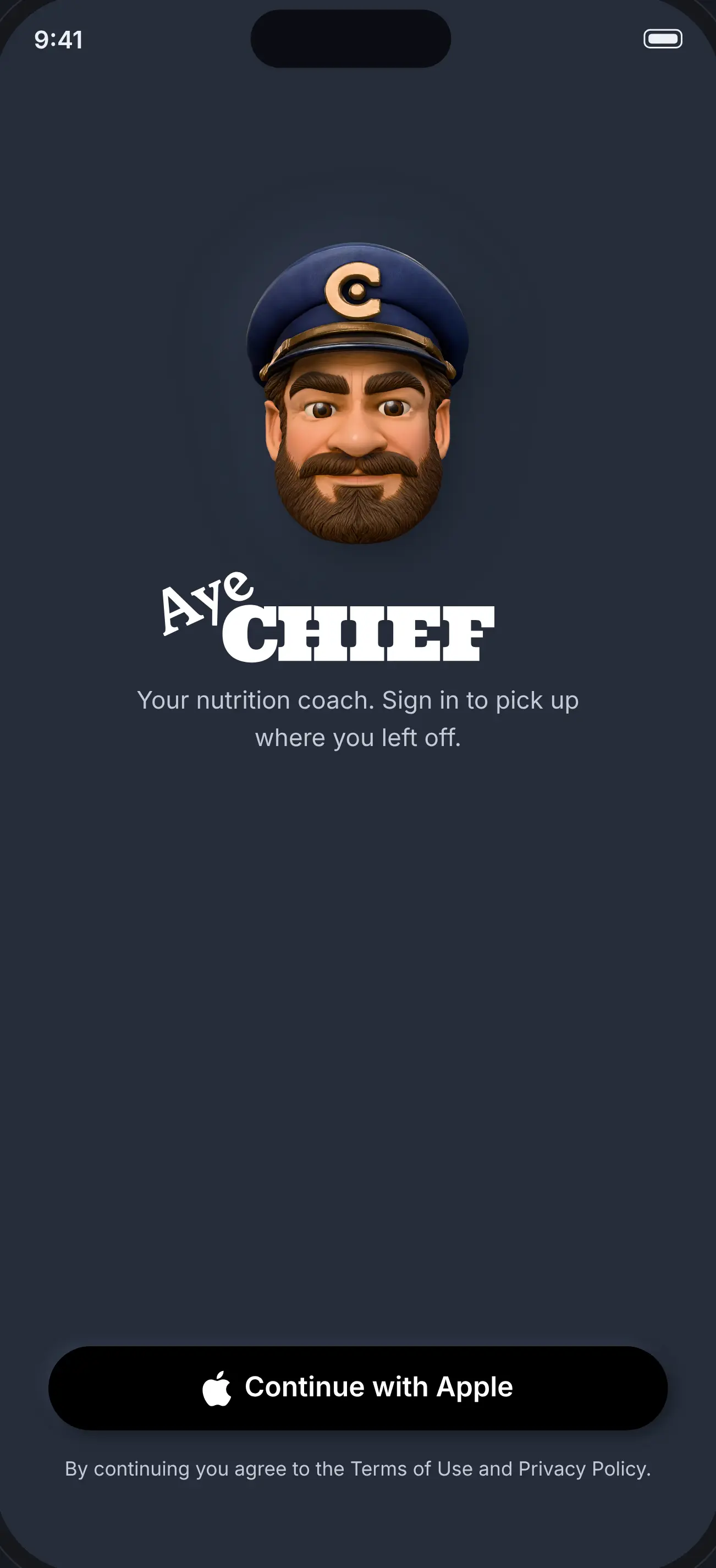 Sign in: the Aye Chief wordmark, 'Your nutrition coach', and Continue with Apple